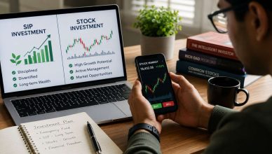 Young Indian investors comparing SIP mutual fund investments and direct stock market investing on a digital financial dashboard in 2026