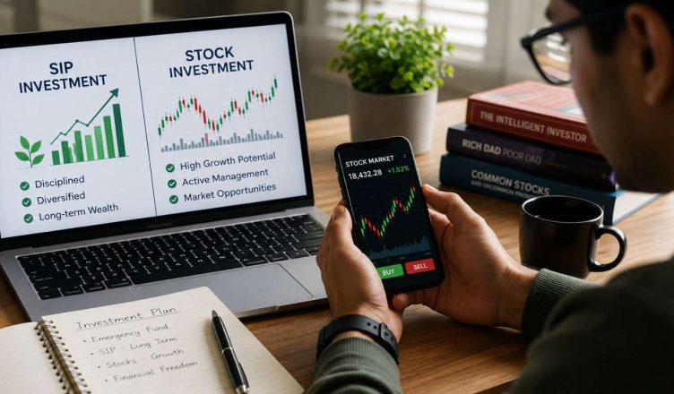 Young Indian investors comparing SIP mutual fund investments and direct stock market investing on a digital financial dashboard in 2026
