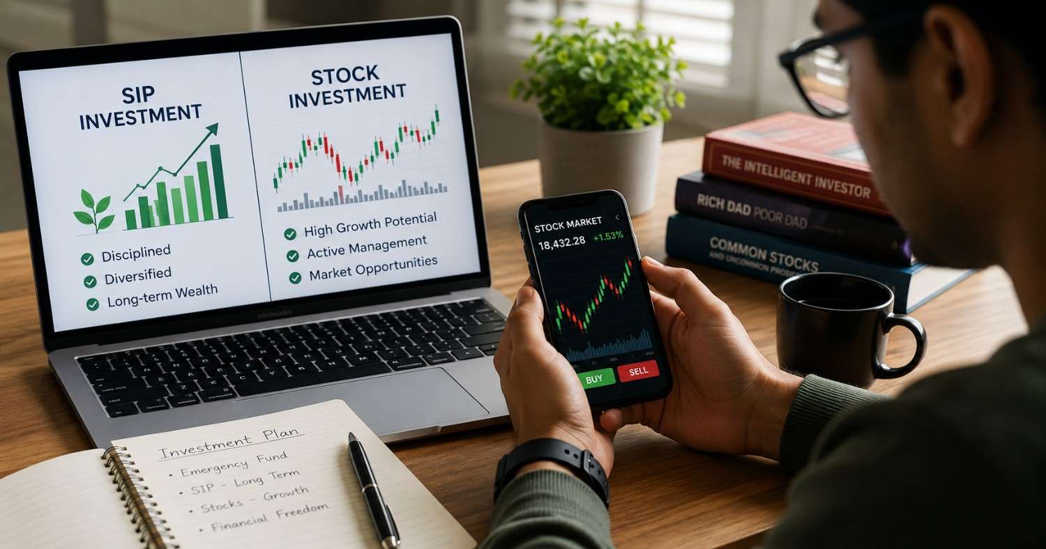 Young Indian investors comparing SIP mutual fund investments and direct stock market investing on a digital financial dashboard in 2026