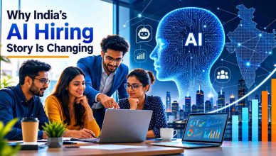 Professionals working with artificial intelligence technologies as India's AI hiring market evolves amid changing workforce demands in 2026.