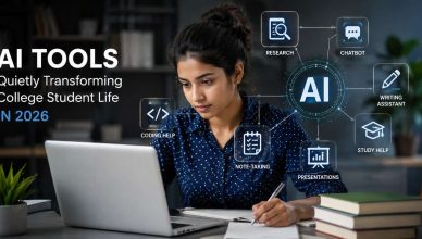 "College students using AI-powered tools on laptops and smartphones for studying, research, writing, note-taking, and productivity in 2026."