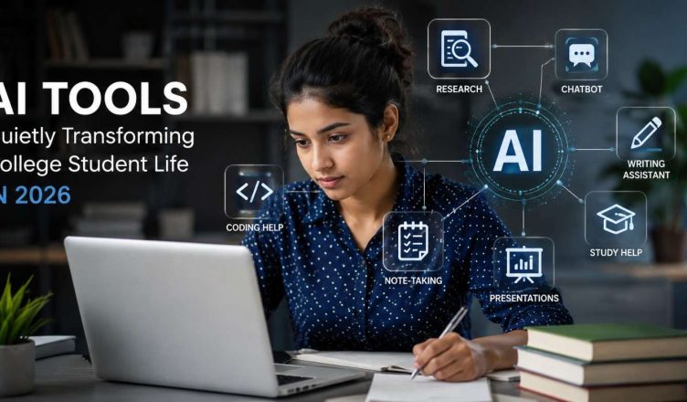 "College students using AI-powered tools on laptops and smartphones for studying, research, writing, note-taking, and productivity in 2026."