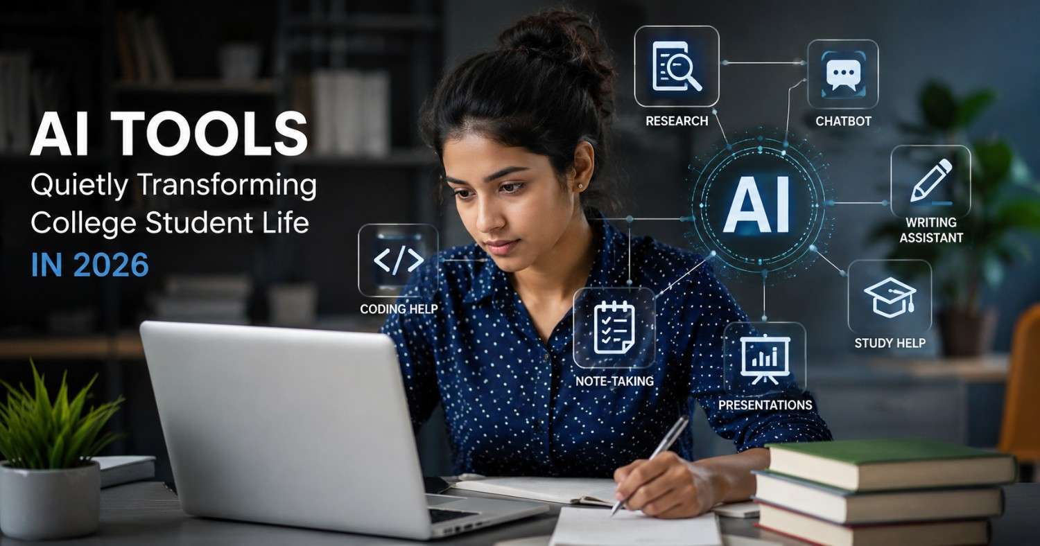 "College students using AI-powered tools on laptops and smartphones for studying, research, writing, note-taking, and productivity in 2026."